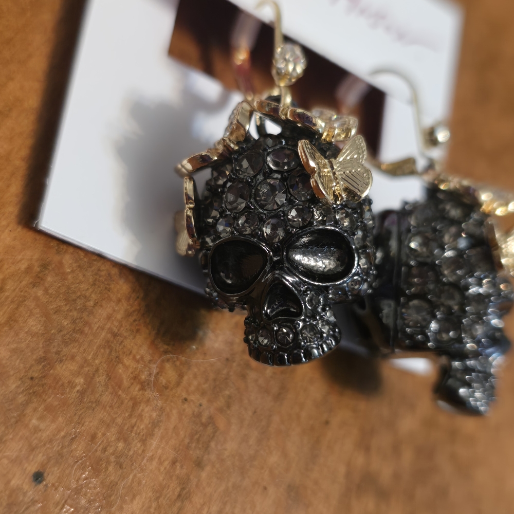 Skull Earrings with Butterfly Accents - Picture 3 of 4